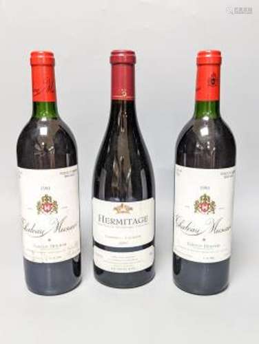 Two bottles of Chateau Musar 1991, and one bottle of Hermita...