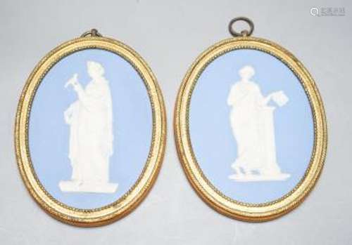 A pair of blue and white jasper oval miniature plaques, pres...