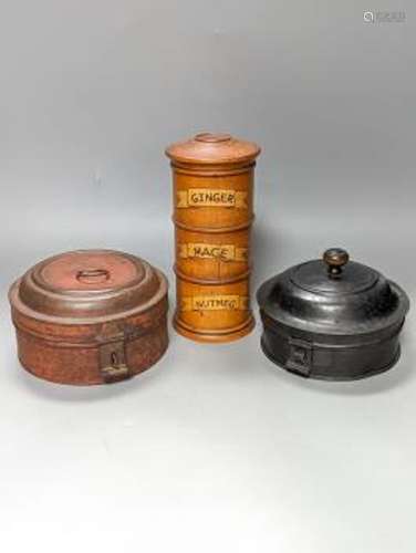 Two toleware spice box and cover and a reproduction compartm...