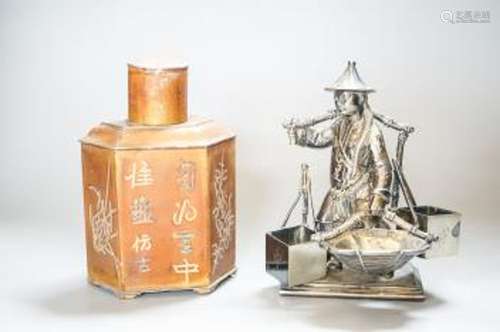 A Chinese pewter tea caddy and Chinese figure 16cm