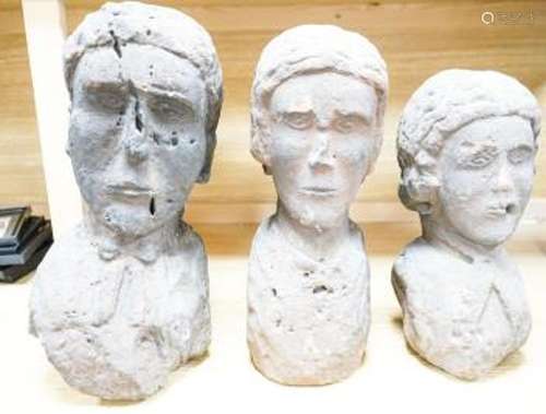 Three red sandstone busts of two ladies and a gentleman, 41c...