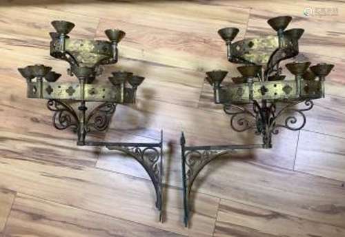 A pair of Gothic revival brass two tier wall candelabra, pro...