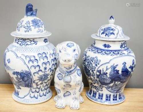 2 modern Chinese blue and white vases and covers and a simil...