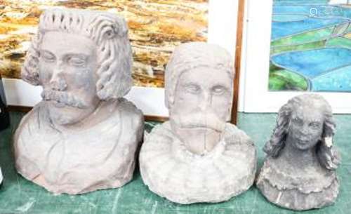 Two Tudor style red sandstone busts, and a sandstone bust of...