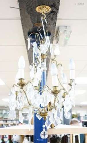 A six branch brass and glass lustre hung chandelier, height ...