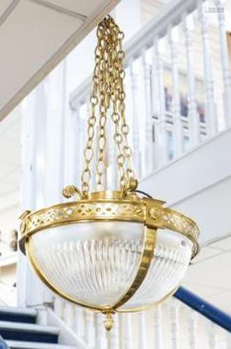 An Edwardian neoclassical cut glass and brass plafonnier cei...