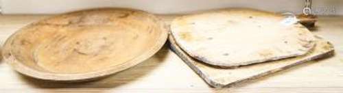 A large sycamore dish and two pine chopping boards 44cm