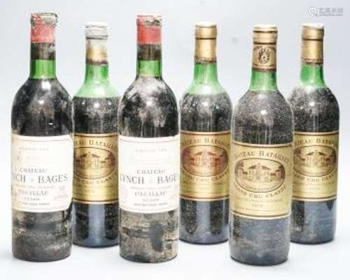 Four bottles of Chateau Batailley grand cru 1973 and 2 bottl...