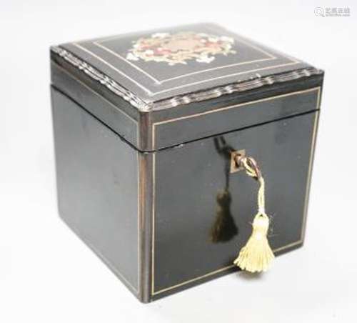 A late 19th century French tea caddy with boulle work to lid...