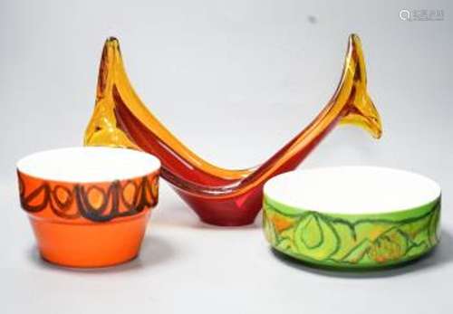 Two Poole bowls and a 1970's coloured glass vase 38cm