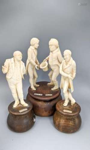 Three South German ivory Dickens characters groups or figure...