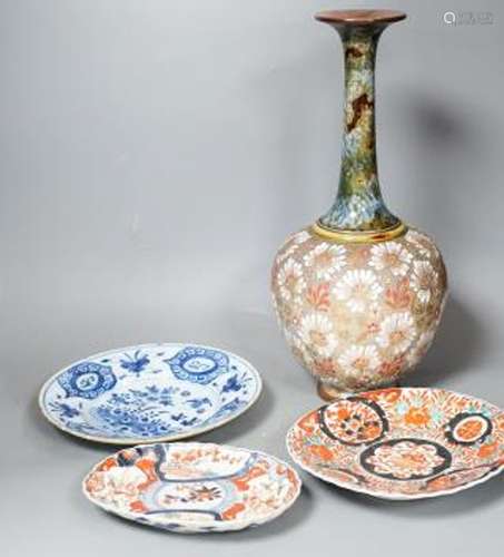 A Doulton slaters patent vase, height 40cm, two Imari dishes...