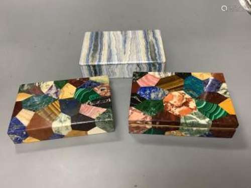 Two specimen marble cigarette boxes, 15cm and a similar blue...