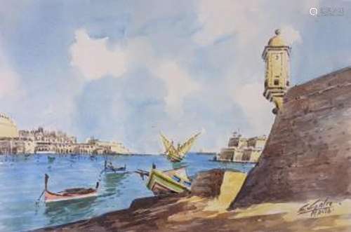 C. Galea, watercolour, Grand Harbour, Malta, signed, 17 x 25...