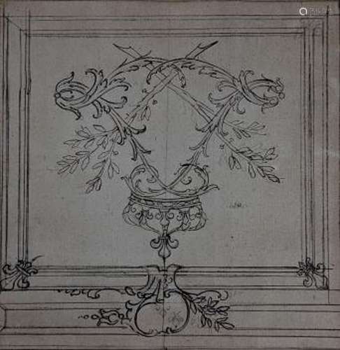 French School c.1750, pen and ink, The Royal Cypher of Louis...