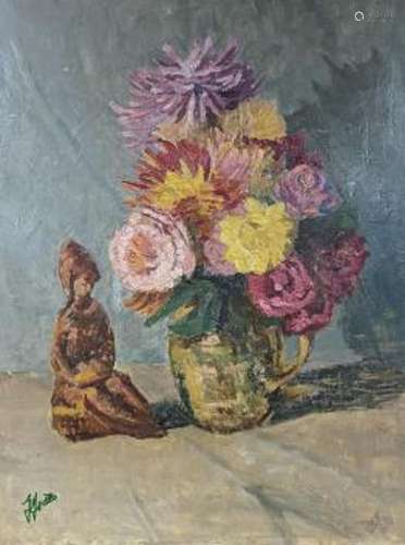 George Jowett, oil on board, Still life of flowers and a Chi...