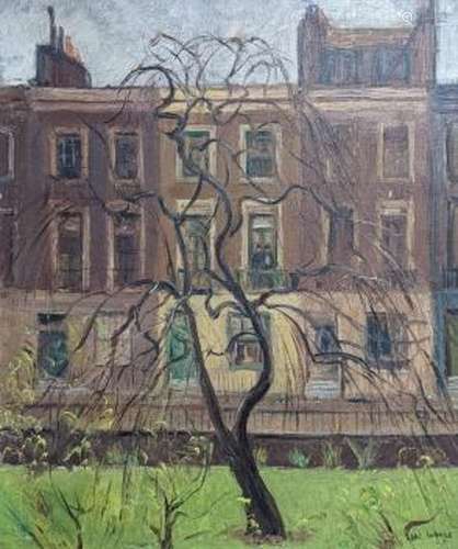 Hal Woolf (1902-1962), oil on canvas, Willow tree and houses...