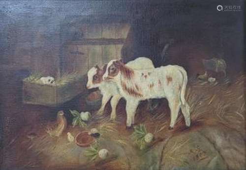 MG, 1909, oil on canvas, Cows and chickens in a stable, sign...