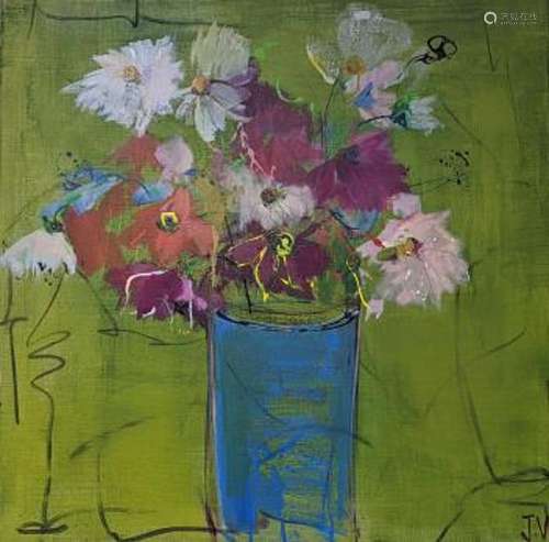 Jo Volten, acrylic on canvas, Blue vase on green with summer...