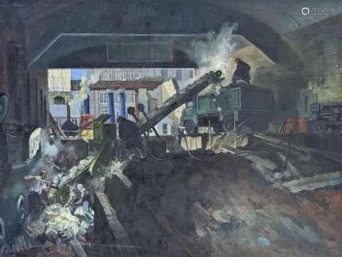 Henry James Neave (1911-1971), oil on board, Demolition crew...