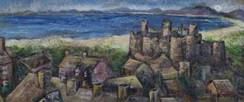 R. Robinson, oil on board, Coastal landscape with castle, 39...