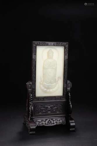 CREAMY JADE CARVING TABLE SCREEN OF BUDDHA