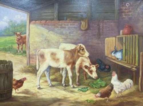 After Edgar Hunt (1876-1953), oil on canvas, Calves, chicken...