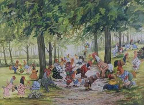 Paul Chapman, gouache, Park scene with chickens, signed and ...