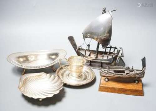 A silver butter shell and a pierced silver dish, two coin di...