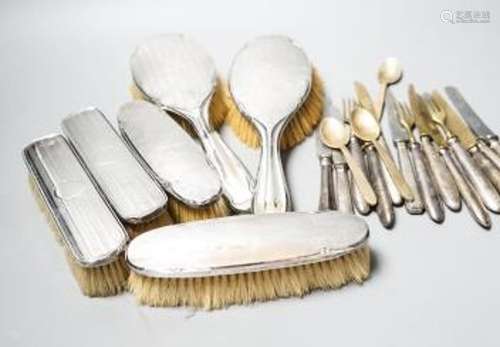 Six assorted silver mounted clothes and hair brushes and a s...