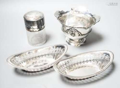 A pair of Edwardian silver oval bon bon dishes, a George V s...