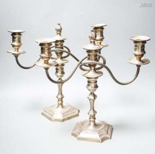 A pair of modern 1970's silver two branch, three light cande...