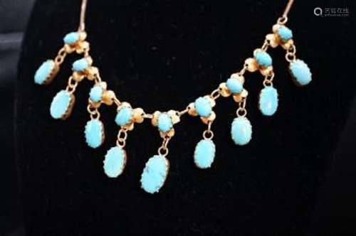 A 9k yellow metal and turquoise set drop fringe necklace, 43...