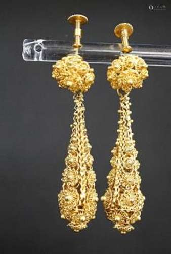 A pair of antique yellow metal filigree cannetile work teard...