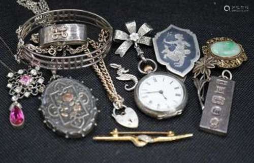 A silver fob watch, a late Victorian silver oval locket and ...