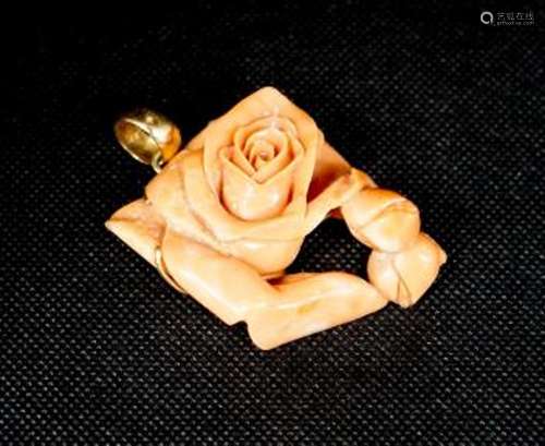 A yellow metal mounted carved coral 'rose' pendant, 49mm, gr...