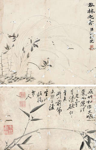 金农（1687～1764）郑燮（1693～1765）（款） 兰花 墨竹 （双挖） 立轴 水墨...