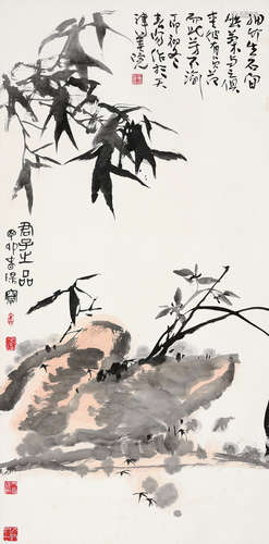 霍春阳（b.1946） 丁卯（1987年）作 兰花竹石 立轴 设色纸本