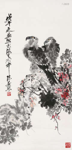 陈寿荣（1916～2003） 戊午（1978年）作 花卉双鹰 立轴 设色纸本