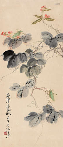 何涵宇（b.1910） 壬午（2002年）作 虫响豆花秋 立轴 设色纸本