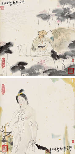 刘国辉（b.1940） 人物 （一组两件） 镜心两幅 设色纸本