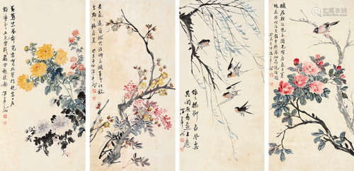 叶恂（1887～1982） 花鸟 （四屏） 立轴 设色纸本