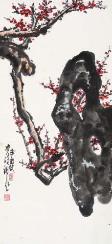 李硕卿（1908～1993） 辛酉（1981年）作 红梅寿石 立轴 设色纸本
