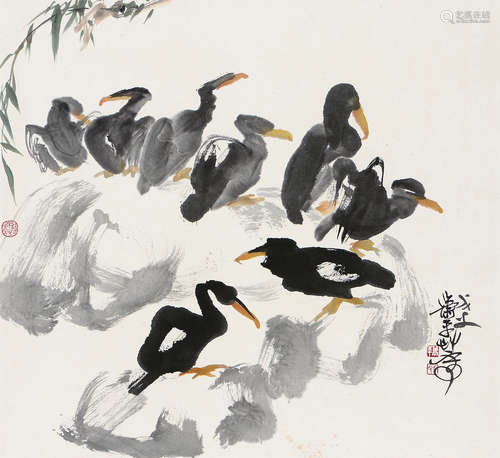 萧平（b.1942） 群鸟 立轴 设色纸本