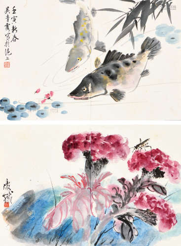 吴青霞钱瘦铁 壬寅（1962年）作 游鱼 花卉草虫 （两幅） 镜心 设色纸...