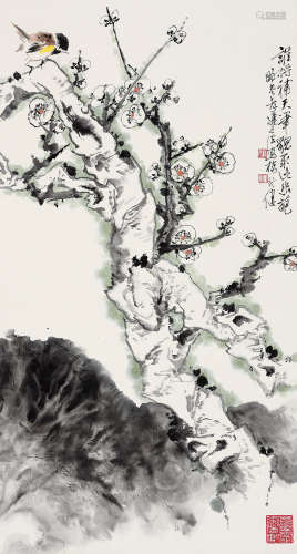 钱行健（1935～2010） 梅花小鸟 立轴 设色纸本