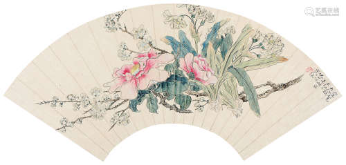 倪田（1855～1919） 花卉 扇页 设色纸本