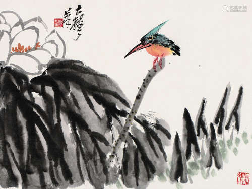 诸涵（1929～2012） 墨荷翠鸟 镜心 设色纸本