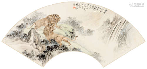 张善孖（1882～1940） 庚午（1930年）作 双狮图 扇页 设色纸本