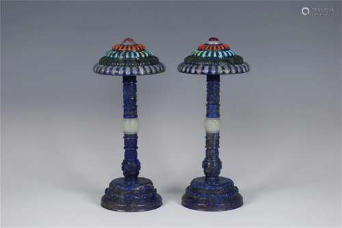 Pair of Chinese Carved Lapis Hat Holders